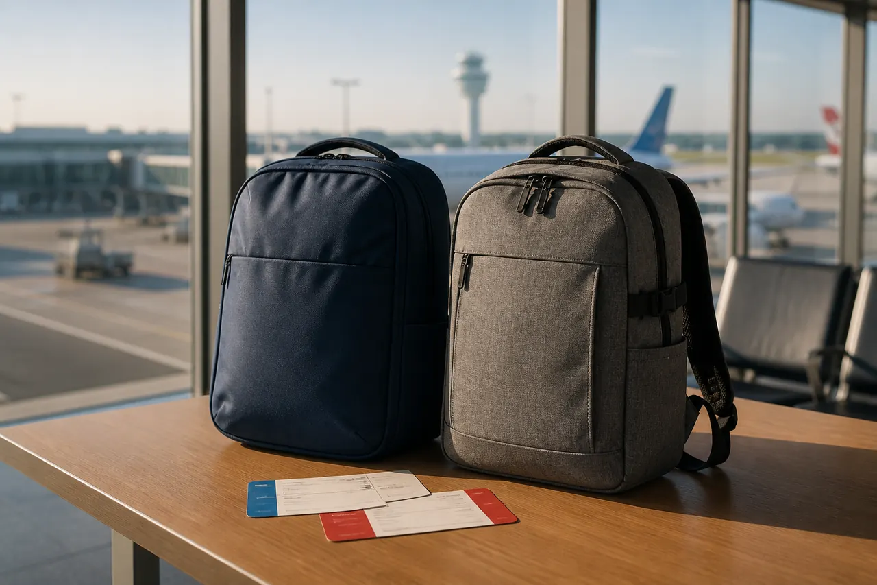 Duas mochilas de cabine junto a cartões de embarque sem marcas para comparar companhias