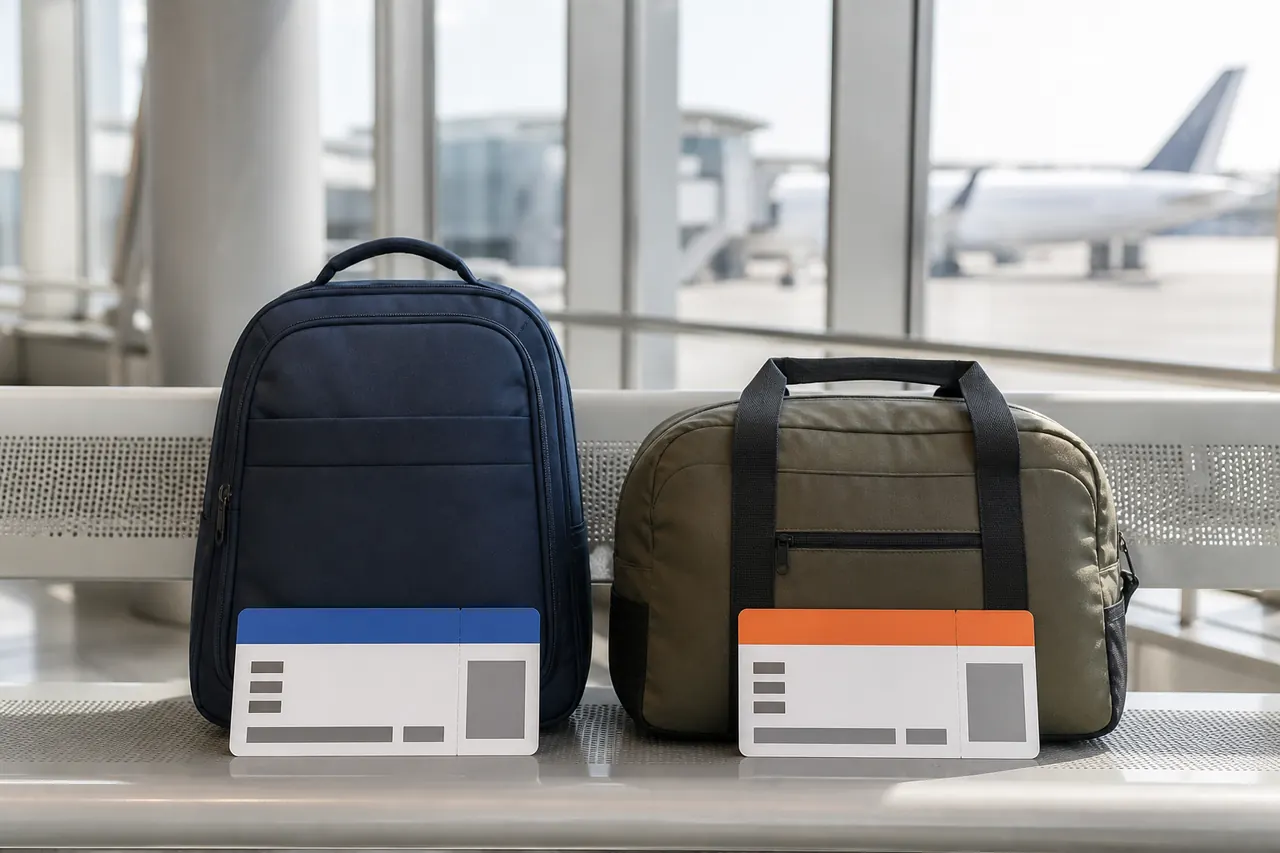 Duas mochilas e cartões de embarque sem marcas lado a lado numa sala de embarque