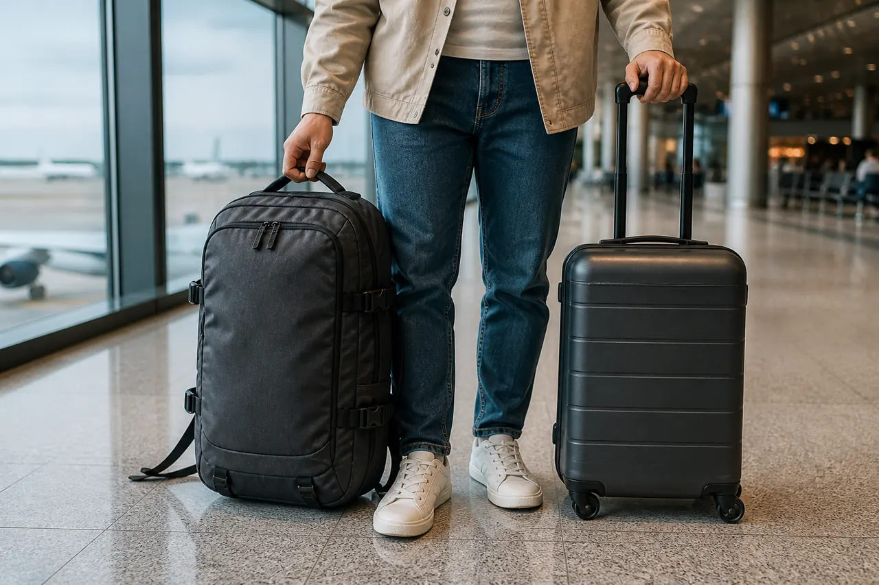 Viajante a escolher entre mochila de viagem e mala compacta com rodas no terminal