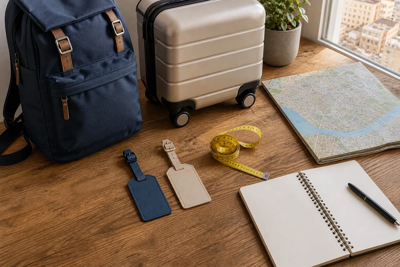Mochila, mala de cabine, mapa e fita métrica numa mesa de planeamento de viagem
