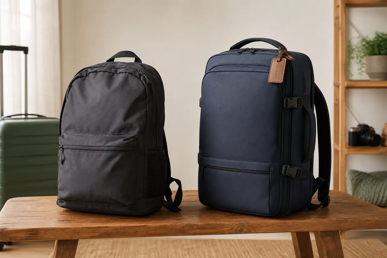 Duas mochilas de viagem sem marcas lado a lado para comparar construção e organização