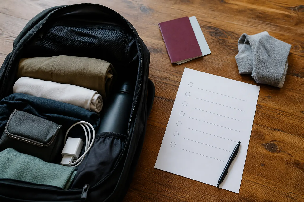 Mochila aberta, acessórios de viagem e checklist em branco para preparar a bagagem de mão