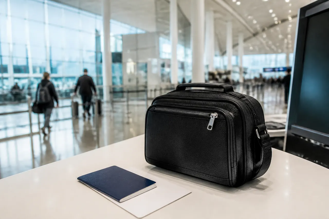 Mochila compacta, passaporte e folha de notas numa mesa de terminal para rever regras de cabine