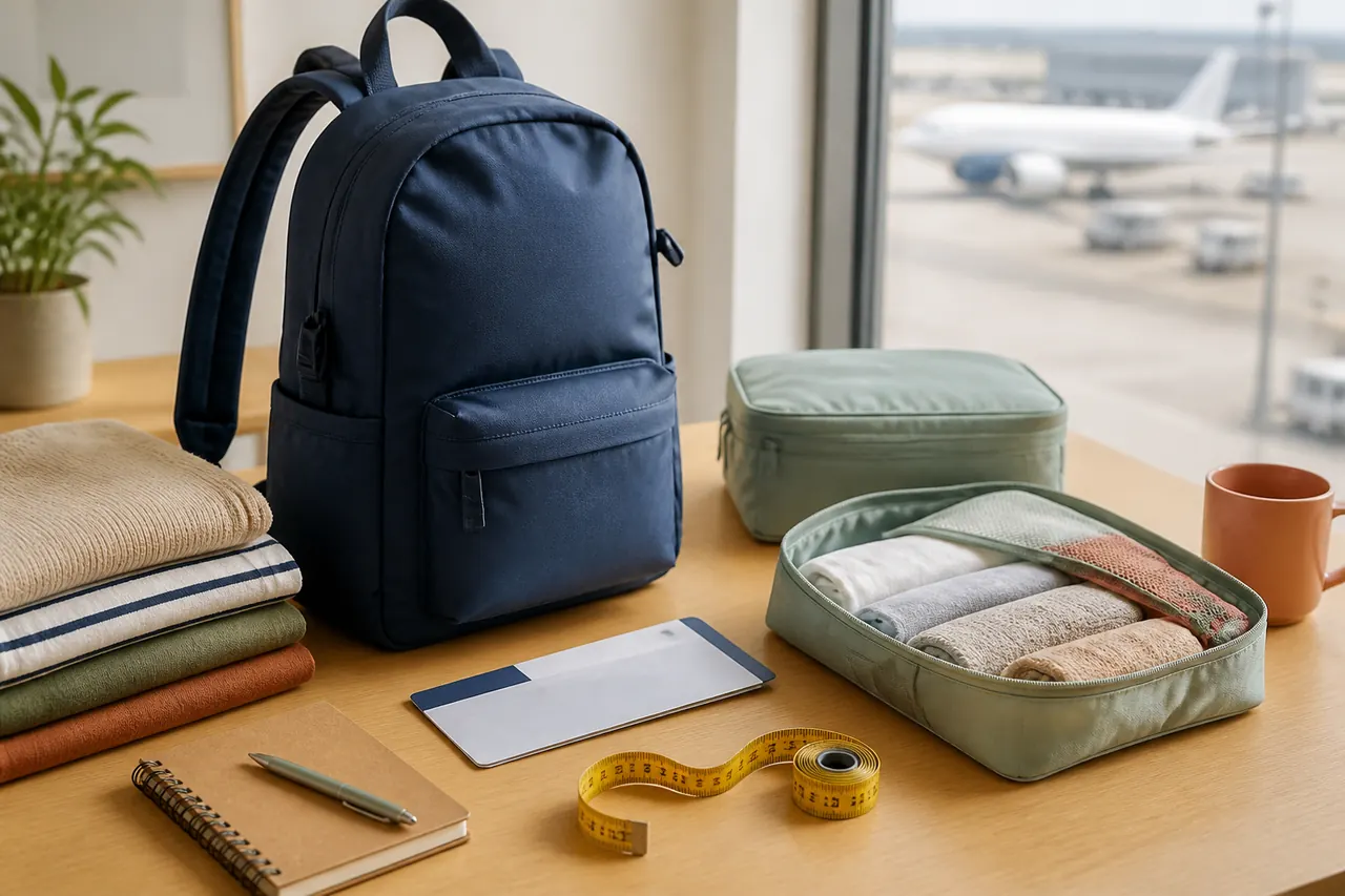 Mesa de preparação de viagem com mochila, cubos de organização, fita métrica e vista de aeroporto