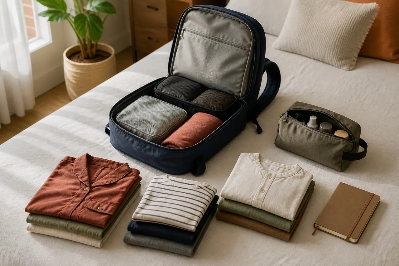 Mochila aberta com cubos de organização e roupa dobrada para uma viagem curta