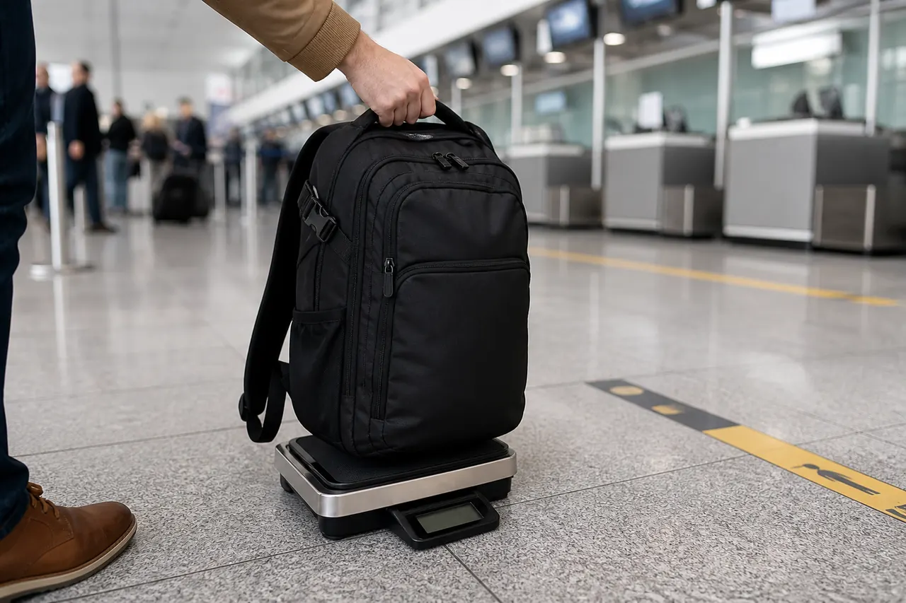 Mochila de cabine numa balança de bagagem no terminal, pronta para confirmar o peso